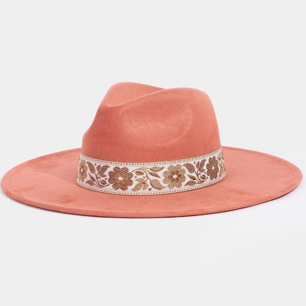 Embroidered Flower Band Felt Fedora Hat